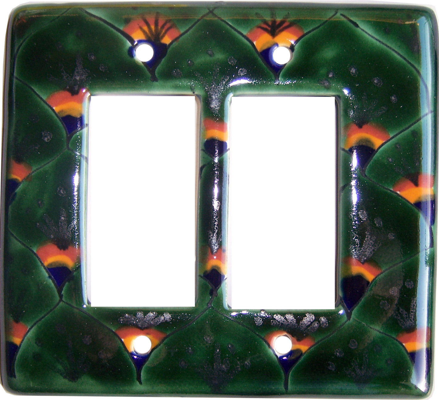talamex_green_peacock_double_gfi/rocker_mexican_talavera_ceramic_switch_plate