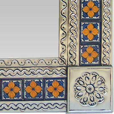 TalaMex Medium Silver Marigold Tile Talavera Tin Mirror
